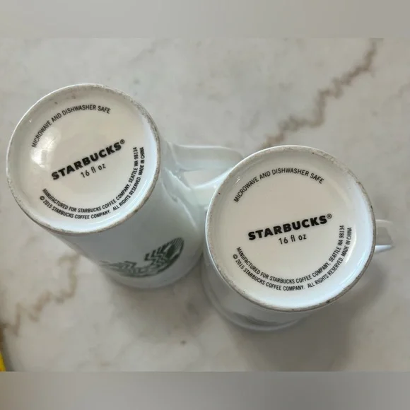 STARBUCKS 16 Oz Mermaid Siren Logo Tall  Coffee Mug White & Green 2015 Set Of 2 - Picture 4 of 5